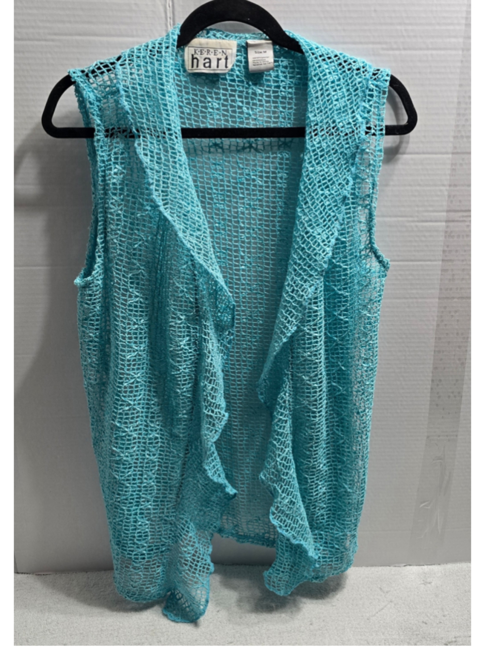 Women's Keren Hart Crochet Vest Size M Turquoise Open Front Layering Piece